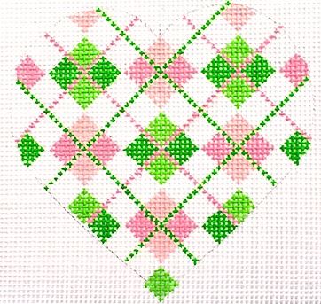 click here to view larger image of Heart - Pink/Green Argyle  (hand painted canvases)
