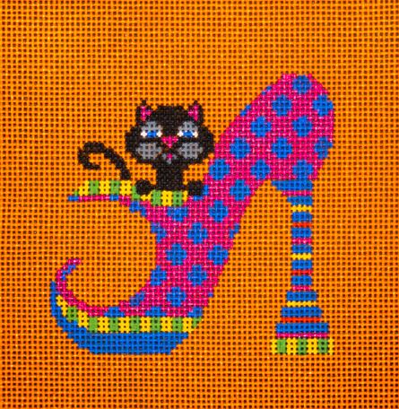 click here to view larger image of Black Cat in Pink Polka Dot Heel  (hand painted canvases)