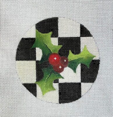 click here to view larger image of Holly Checked Round Ornament (hand painted canvases)