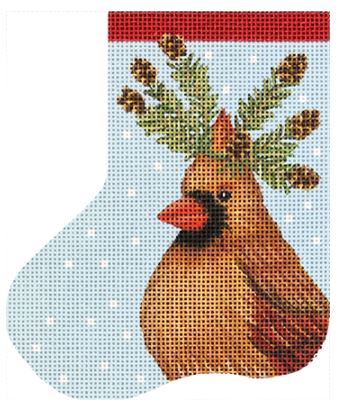 click here to view larger image of Cardinal Mini Sock w/Pinecones (hand painted canvases)