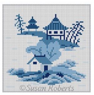 click here to view larger image of Asian Islands Coaster - 3 Houses Blue/White (hand painted canvases)