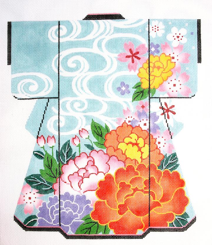 click here to view larger image of Warm Flowers on Blue Kimono (hand painted canvases)