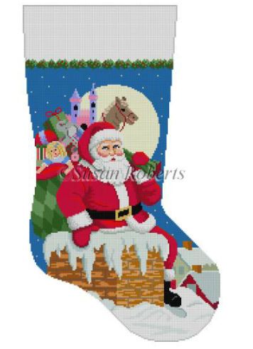 click here to view larger image of Santa/Down the Chimney Girl Stocking (hand painted canvases)