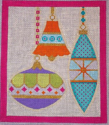click here to view larger image of Merry and Bright - 3 Ornaments Bell Pink Border (hand painted canvases)