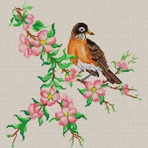 click here to view larger image of Robin and Blossoms Ecru  (hand painted canvases)