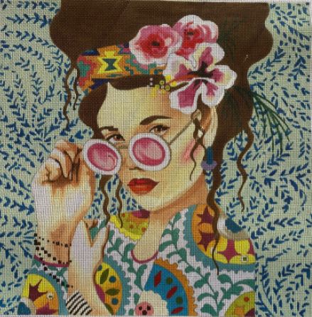 click here to view larger image of Elegant Hippie Lady on Grey w/Glasses (hand painted canvases)