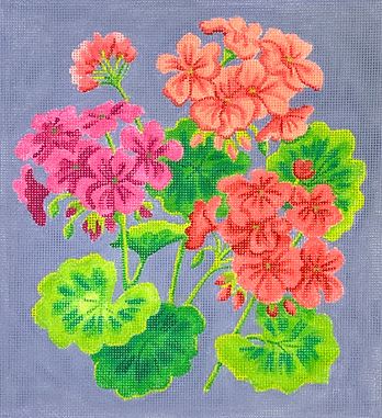 click here to view larger image of Bright Geraniums on Periwinkle Blue  (hand painted canvases 2)