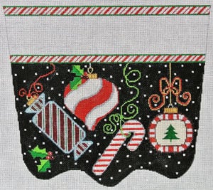 click here to view larger image of Peppermint Party Ornaments Stocking Cuff   (hand painted canvases)