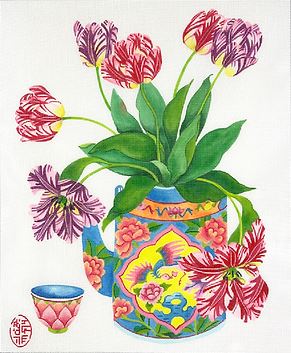 click here to view larger image of Tulips in a Peranakan Teapot w/Cup (hand painted canvases 2)
