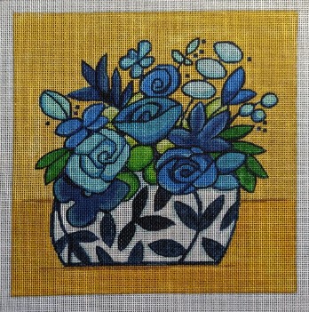 click here to view larger image of Floral in Blues on Yellow (hand painted canvases)