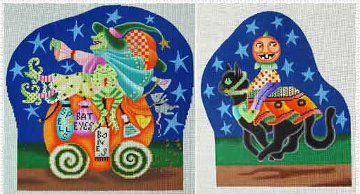 click here to view larger image of Witch on Pumpkin w/Cat - 2 Pieces (hand painted canvases)