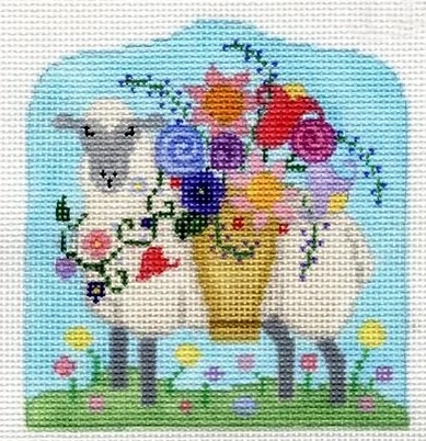 click here to view larger image of Small Sheep w/Flower Basket (hand painted canvases)