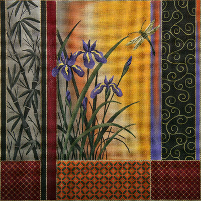 click here to view larger image of Iris and Dragonfly Block Print (hand painted canvases)