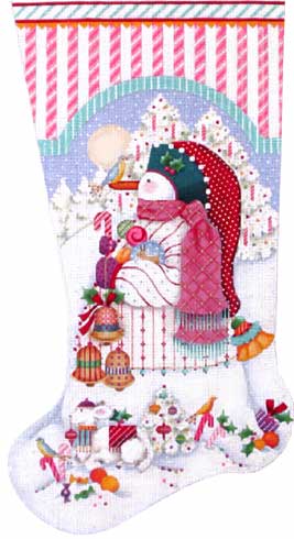 click here to view larger image of Peppermint Stick Snowman Stocking (hand painted canvases)