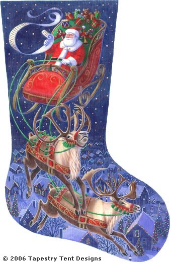 click here to view larger image of Santa Flying Through The Stars Stocking - 18ct (hand painted canvases)