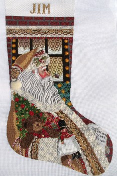 click here to view larger image of Santa On The Job Stocking - 13ct (hand painted canvases)