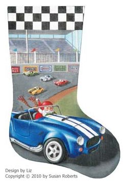 click here to view larger image of Santa in Racing Car Stocking (hand painted canvases)