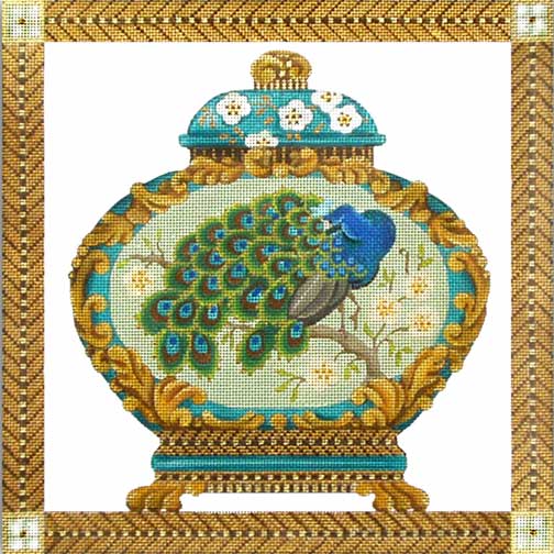 click here to view larger image of Peacock Ginger Jar (hand painted canvases)