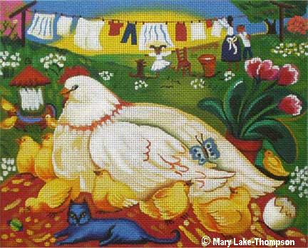 click here to view larger image of Chickens by the Clothesline (hand painted canvases)