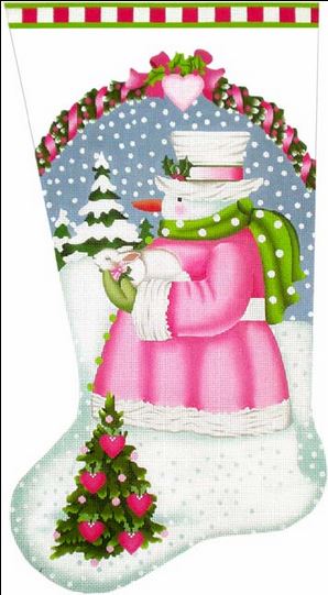 click here to view larger image of Pink Snowman Stocking (hand painted canvases)
