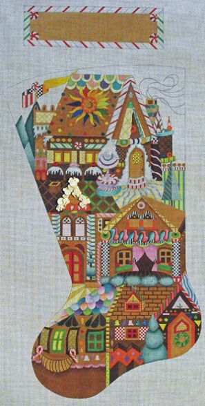 click here to view larger image of Gingerbread Village Stocking (Toe facing Right) (hand painted canvases)