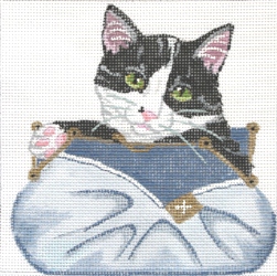 click here to view larger image of Black/White Kitten in Blue Clutch (hand painted canvases)