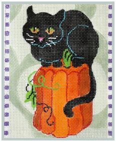 click here to view larger image of Black Cat Perches on Pumpkin (hand painted canvases)