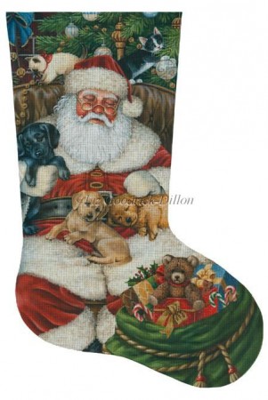 click here to view larger image of Sleeping Santa With Puppies and Kittens Stocking (hand painted canvases)