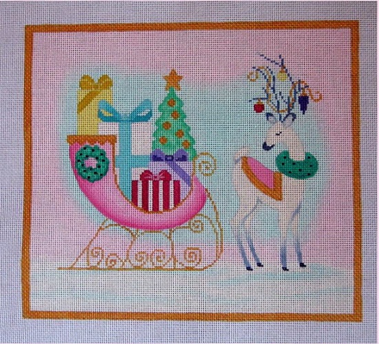 click here to view larger image of Retro Pink Sleigh and Reindeer (hand painted canvases)
