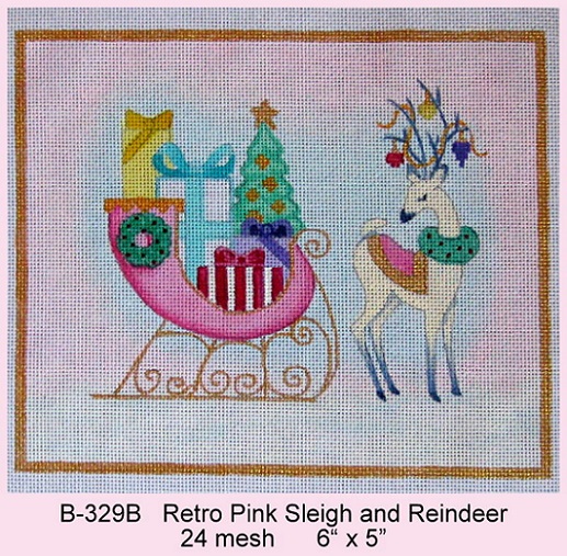 click here to view larger image of Retro Pink Sleigh and Reindeer  (hand painted canvases)