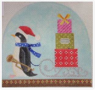 click here to view larger image of Christmas Snowdome - Penguin with Sleigh (hand painted canvases)