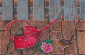 click here to view larger image of Red Watering Can With Wren (hand painted canvases)