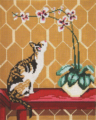 click here to view larger image of Calico Cat w/Orchid (hand painted canvases)