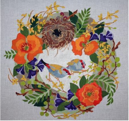 click here to view larger image of Finches In Spring Wreath (hand painted canvases)