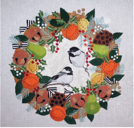 click here to view larger image of Chickadees In Winter Wreath (hand painted canvases)