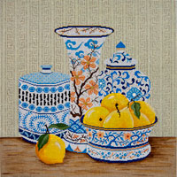 click here to view larger image of Blue Vases and Lemons (hand painted canvases)