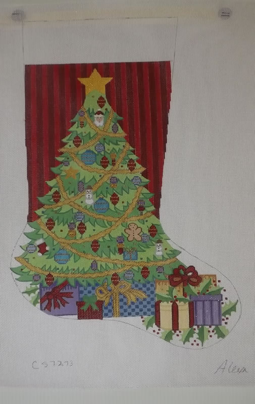 click here to view larger image of Christmas Stocking - Christmas Tree w/Presents  (hand painted canvases)
