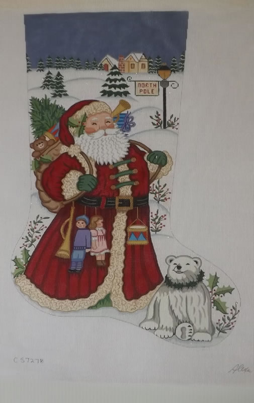 click here to view larger image of Christmas Stocking - Santa With Polar Bear  (hand painted canvases)