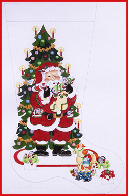 click here to view larger image of Santa Holding a Stocking by Tree Stocking  (hand painted canvases)