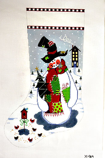 click here to view larger image of Patchwork Snowman Stocking (hand painted canvases)