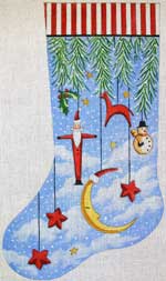 click here to view larger image of Primitive Ornaments With Moon Stocking (hand painted canvases)