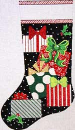 click here to view larger image of Presents On Black Stocking (hand painted canvases)