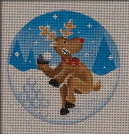 click here to view larger image of Snowball Throwing Reindeer Ornament (hand painted canvases)