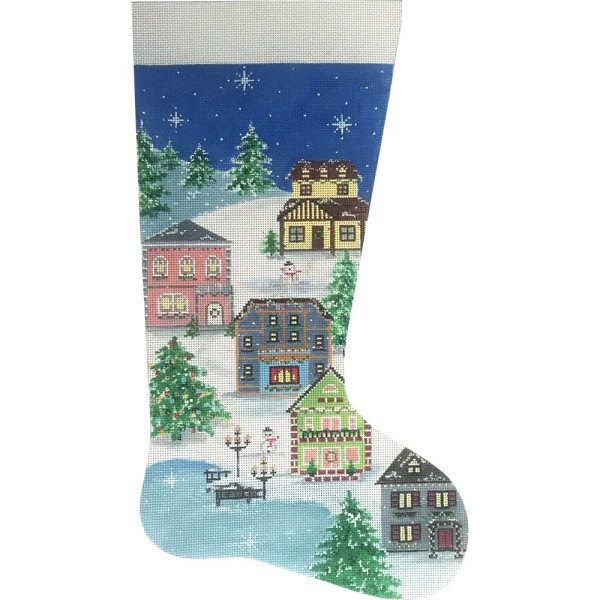 click here to view larger image of Winter Village Stocking (hand painted canvases)