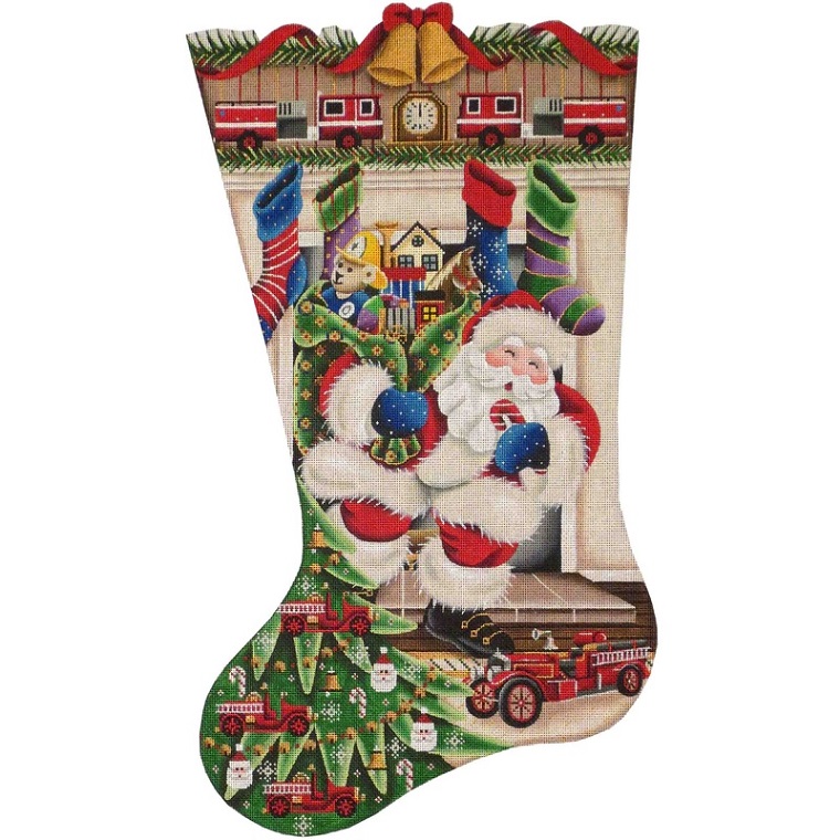 click here to view larger image of Out Of The Fireplace Stocking - 18ct - Fire Engines (hand painted canvases)