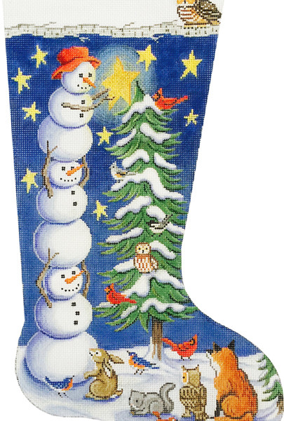 click here to view larger image of Tree Trimming Snowman Stocking (hand painted canvases)