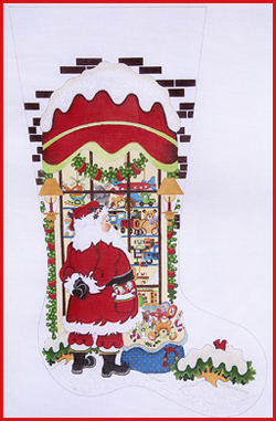 click here to view larger image of Santa Looking in Shop/Boys Toys Stocking   (hand painted canvases)