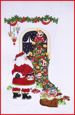 click here to view larger image of Santa Looking at Tree by Window Stocking   (hand painted canvases)