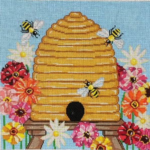 click here to view larger image of Bee Skep with Zinnias (hand painted canvases)