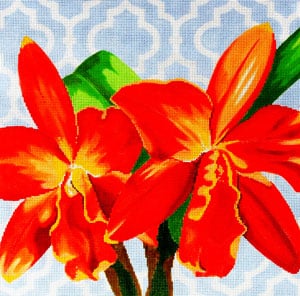 click here to view larger image of Orange Orchid on Blue (hand painted canvases)